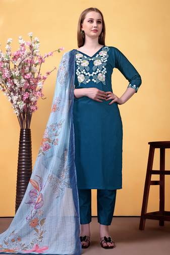 Rayon embroidered salwar kameez in teal
