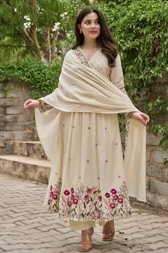 Chanderi silk embroidered cream salwar kameez