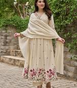 Chanderi silk embroidered cream salwar kameez