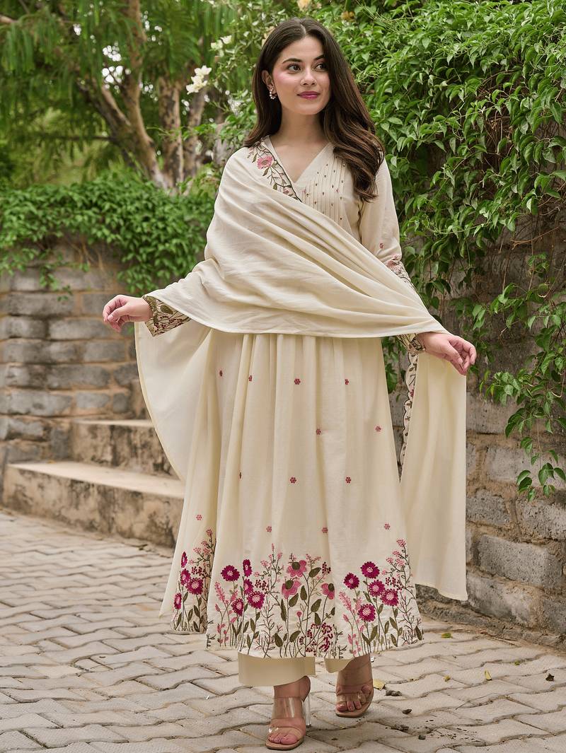 Chanderi silk embroidered cream salwar kameez