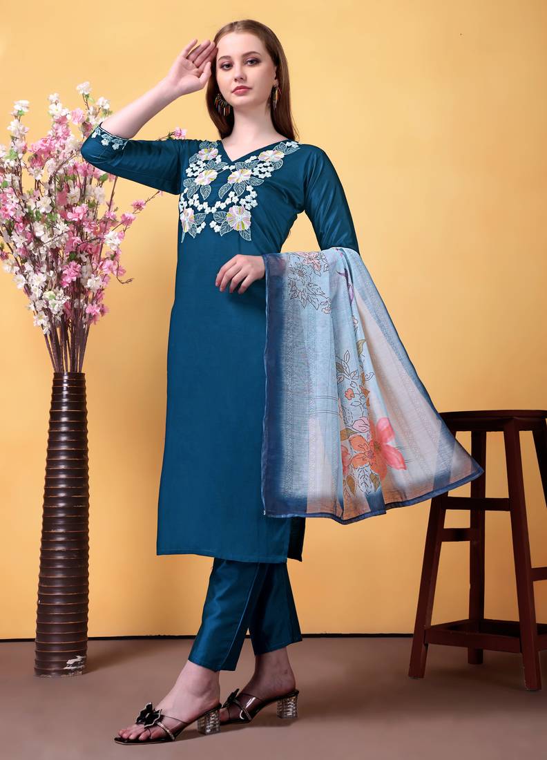 Rayon embroidered salwar kameez in teal