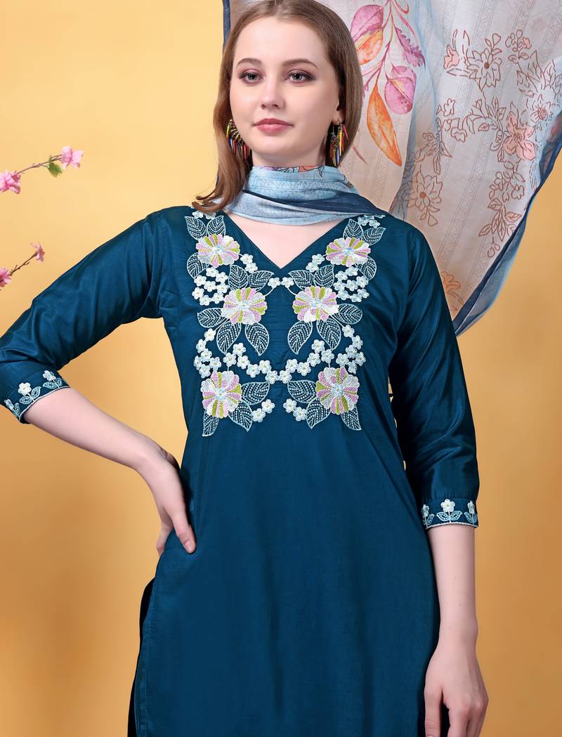 Rayon embroidered salwar kameez in teal