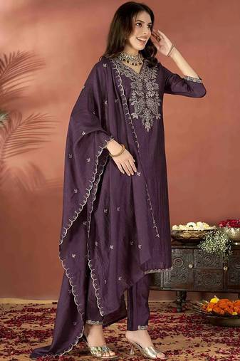 Embroidered vichitra silk wine salwar kameez