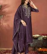 Embroidered vichitra silk wine salwar kameez