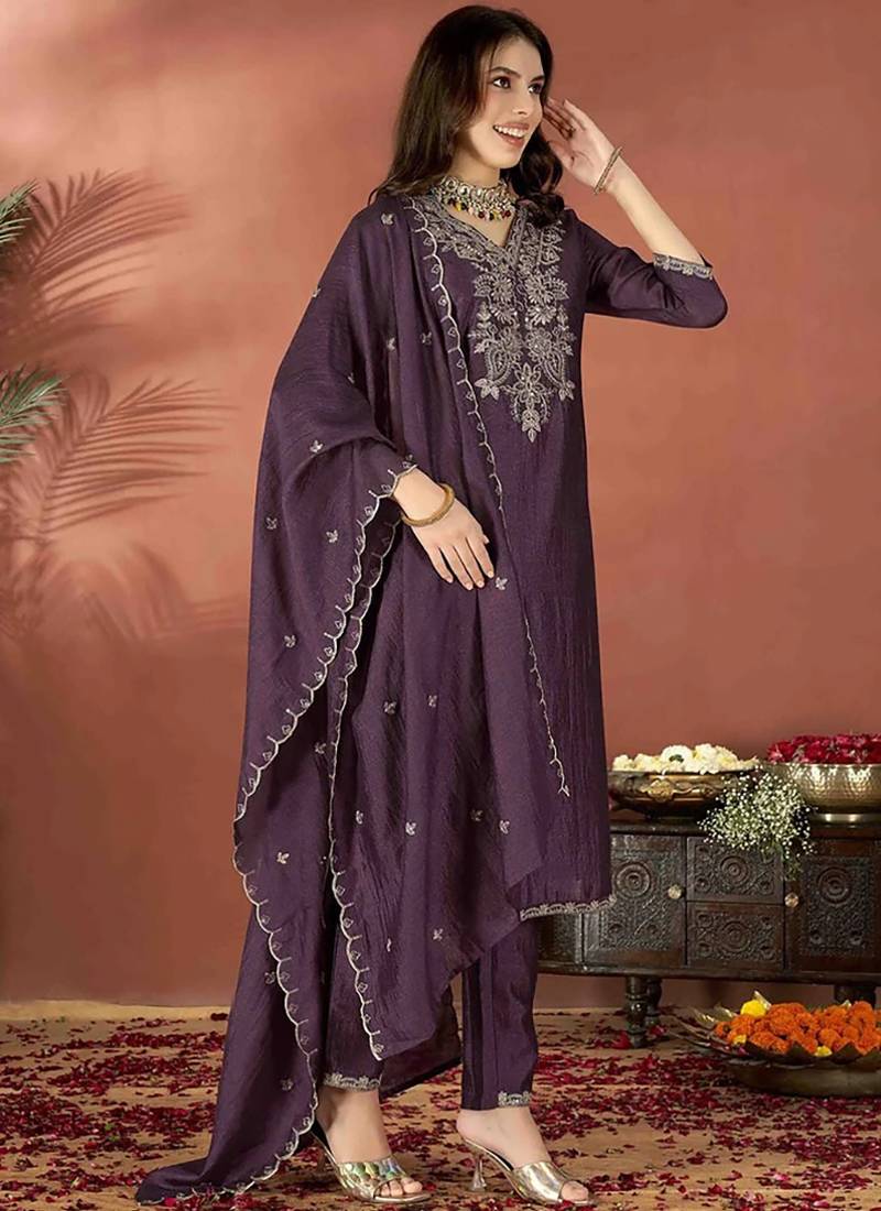 Embroidered vichitra silk wine salwar kameez