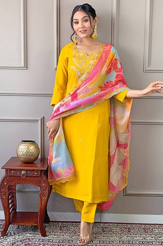 Yellow embroidered viscose readymade salwar kameez