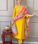 Yellow embroidered viscose readymade salwar kameez