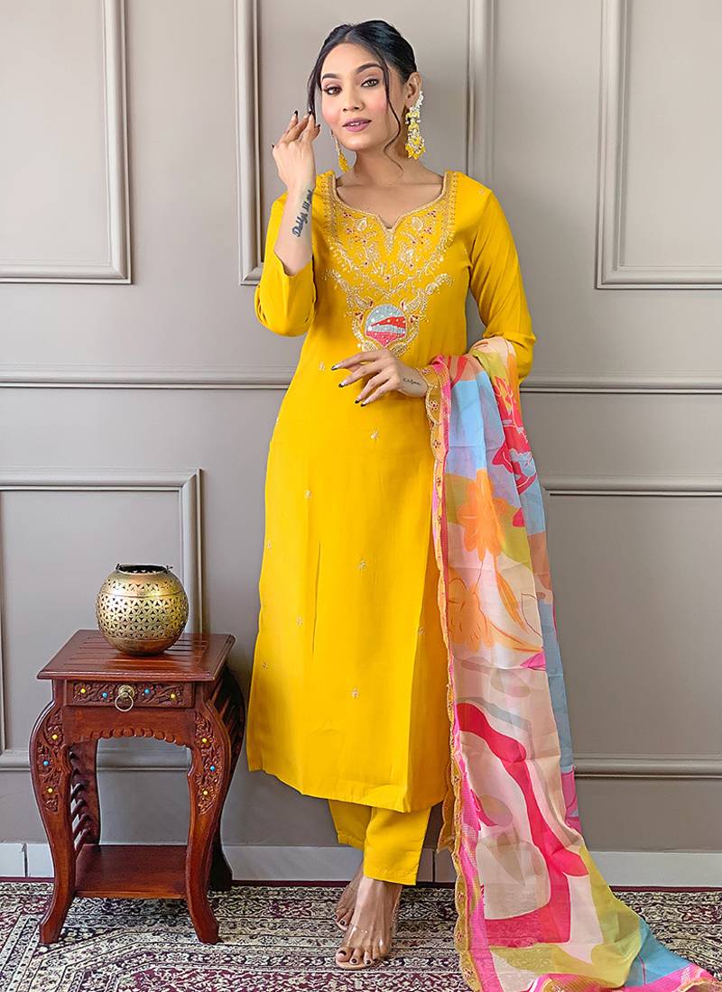 Yellow embroidered viscose readymade salwar kameez
