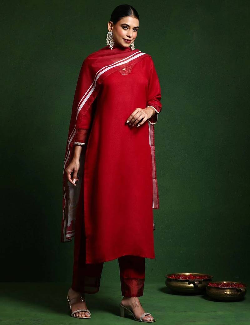 Red embroidered chanderi salwar suit