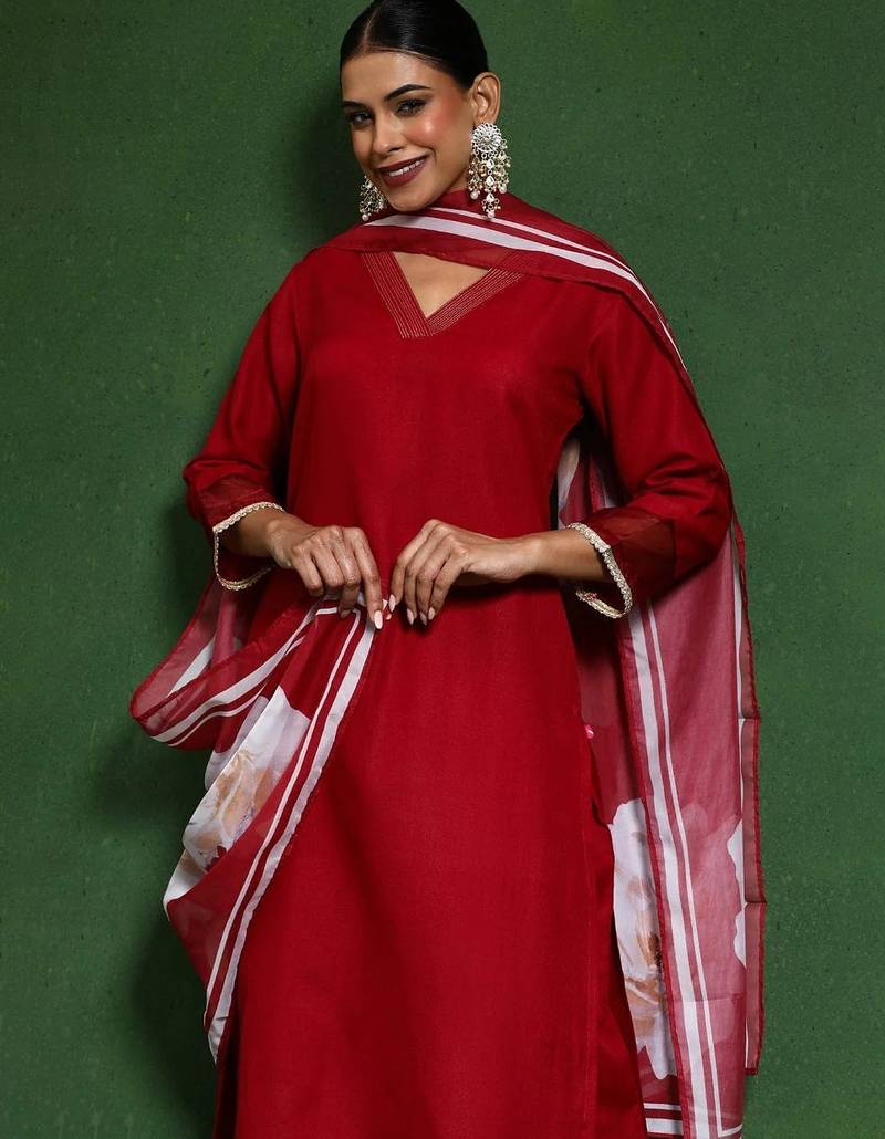Red embroidered chanderi salwar suit