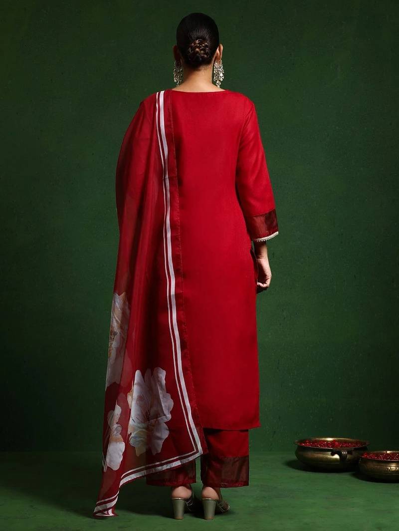 Red embroidered chanderi salwar suit