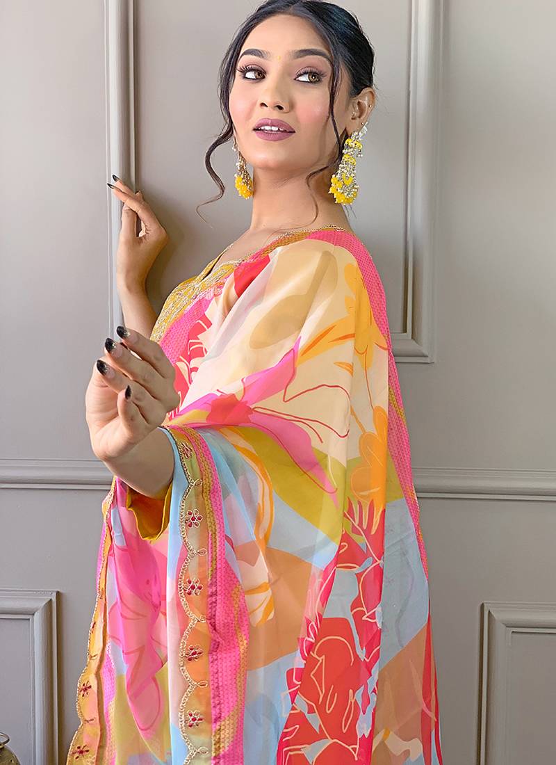 Yellow embroidered viscose readymade salwar kameez