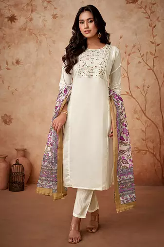 Chanderi silk white embroidered readymade salwar suit
