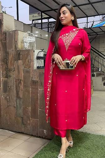 Embroidered rani pink festival chanderi viscose readymade salwar kameez