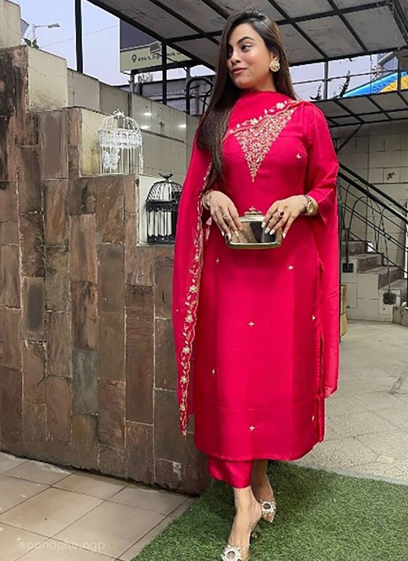 Embroidered rani pink festival chanderi viscose readymade salwar kameez