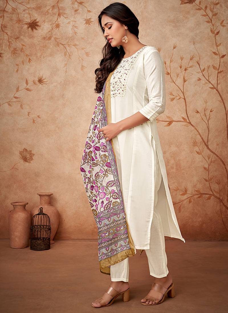 Chanderi silk white embroidered readymade salwar suit