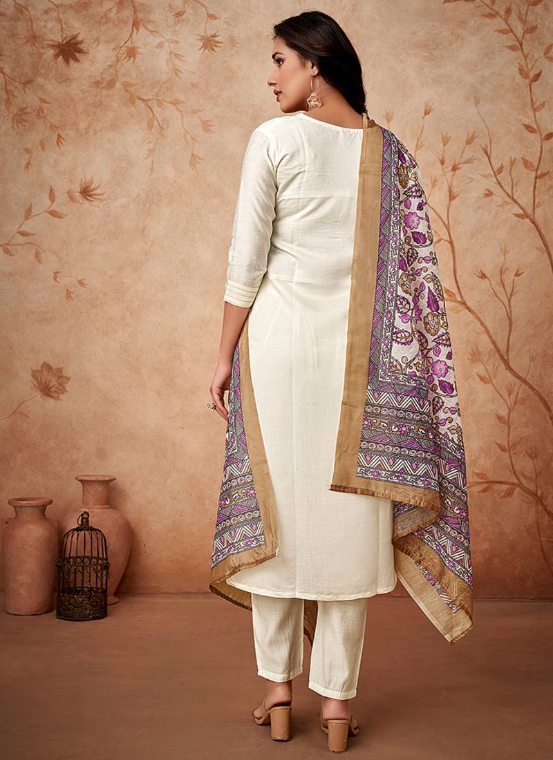 Chanderi silk white embroidered readymade salwar suit