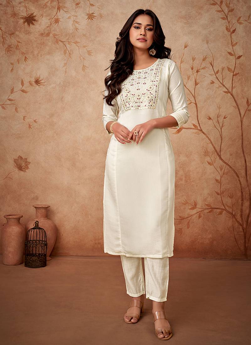 Chanderi silk white embroidered readymade salwar suit