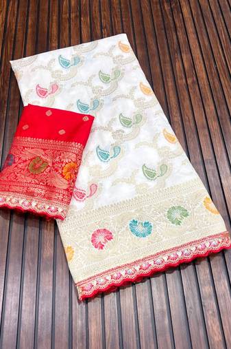 White Color Meenakari jaqurad Work Dola silk Saree