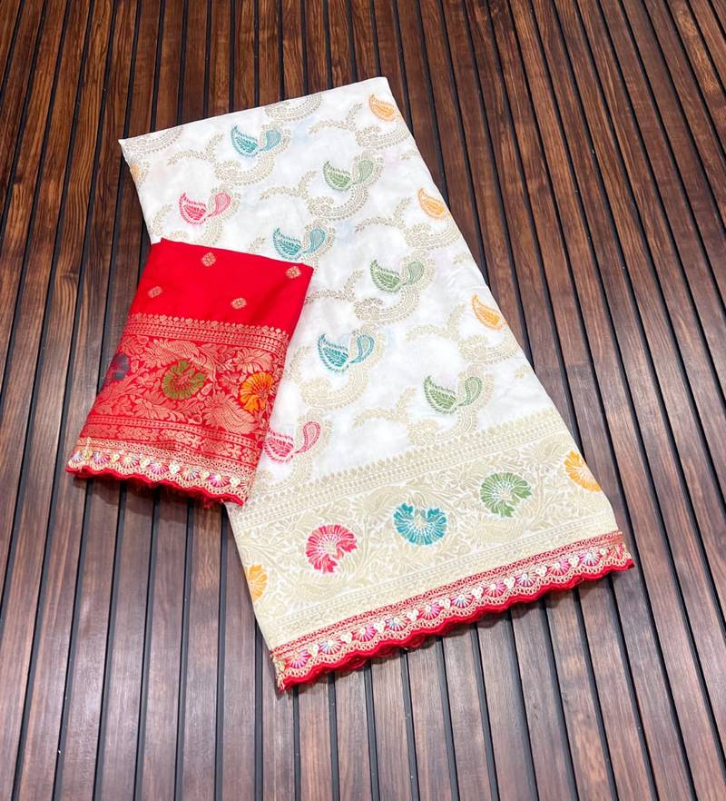 White Color Meenakari jaqurad Work Dola silk Saree