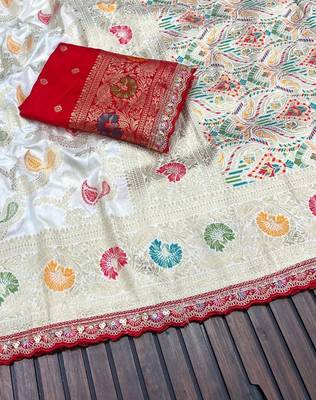White Color Meenakari jaqurad Work Dola silk Saree 2