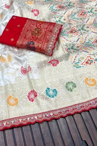 White Color Meenakari jaqurad Work Dola silk Saree