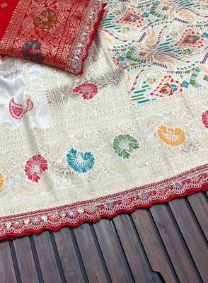 White Color Meenakari jaqurad Work Dola silk Saree 3