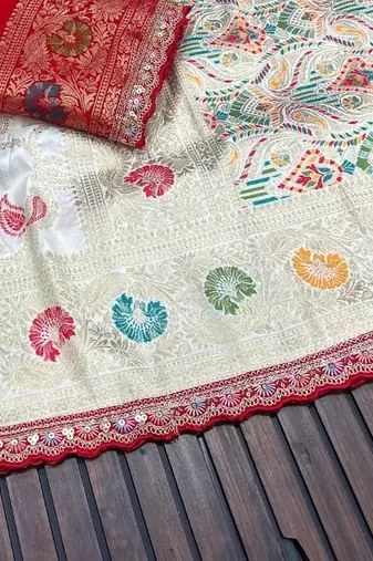 White Color Meenakari jaqurad Work Dola silk Saree