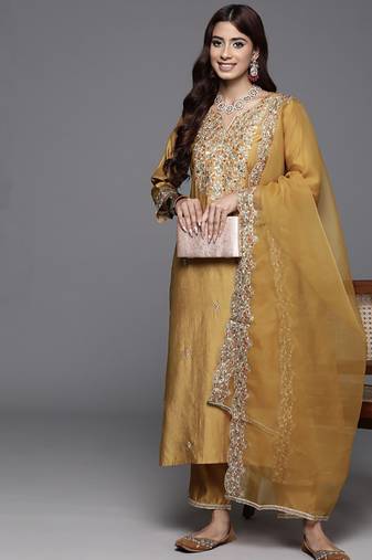 Embroidered mustard chanderi engagement salwar suit