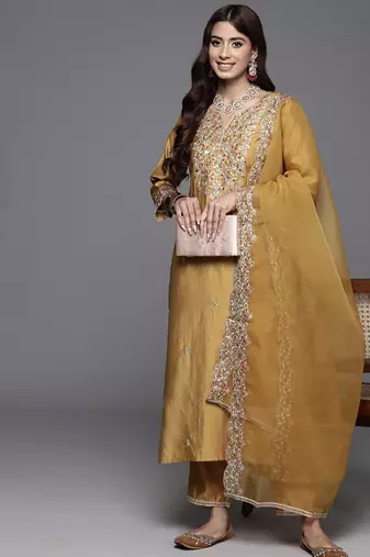 Embroidered mustard chanderi engagement salwar suit