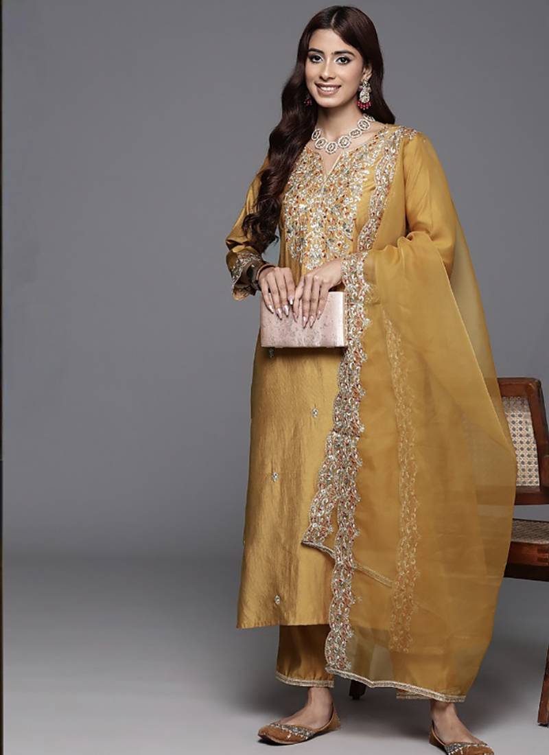 Embroidered mustard chanderi engagement salwar suit