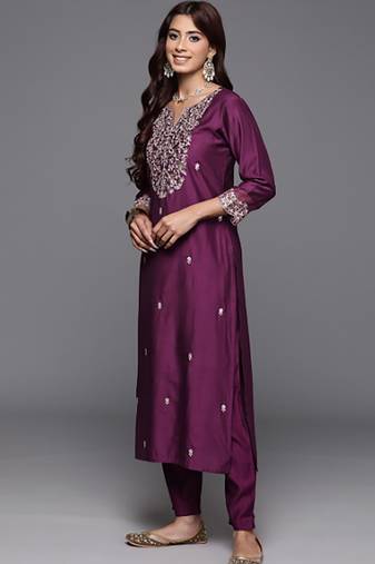 Embroidered wine chanderi engagement salwar suit