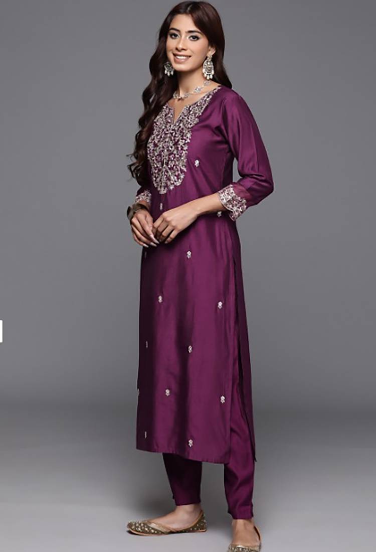 Embroidered wine chanderi engagement salwar suit