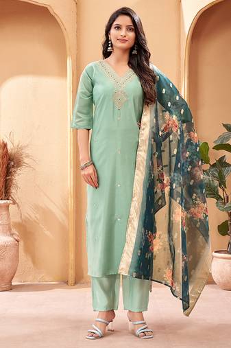 Sea green chanderi ethnic suit with organza dupatta