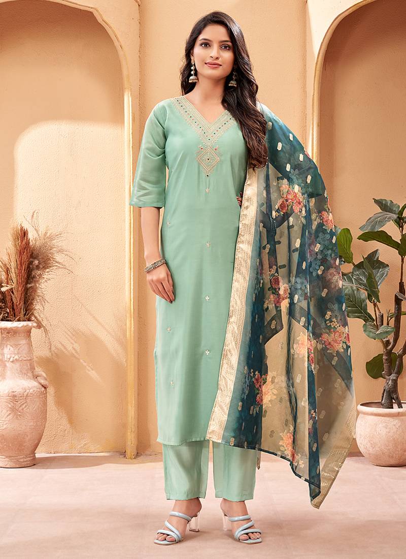 Sea green chanderi ethnic suit with organza dupatta