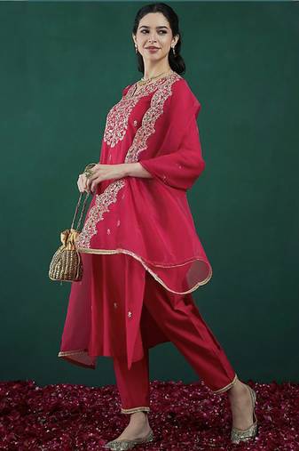 Embroidered rani pink chanderi engagement salwar suit