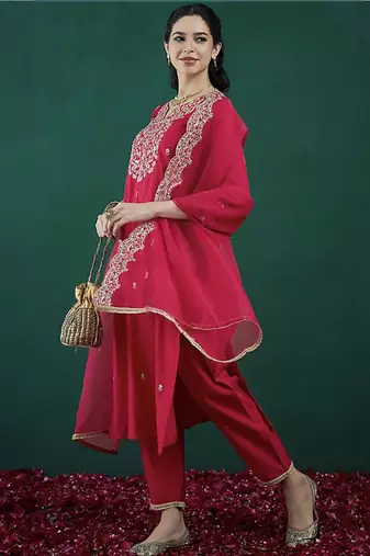 Embroidered rani pink chanderi engagement salwar suit