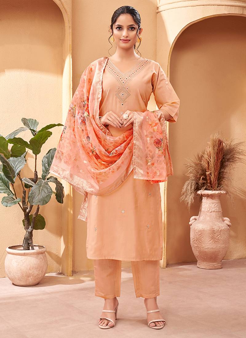 Peach chanderi ethnic suit with organza dupatta
