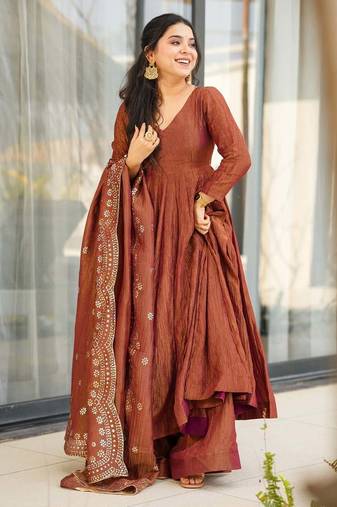 Designer party wear brown color chinon gown with embroidery sequence work dupatta