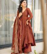 Designer party wear brown color chinon gown with embroidery sequence work dupatta