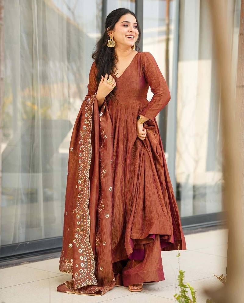 Designer party wear brown color chinon gown with embroidery sequence work dupatta