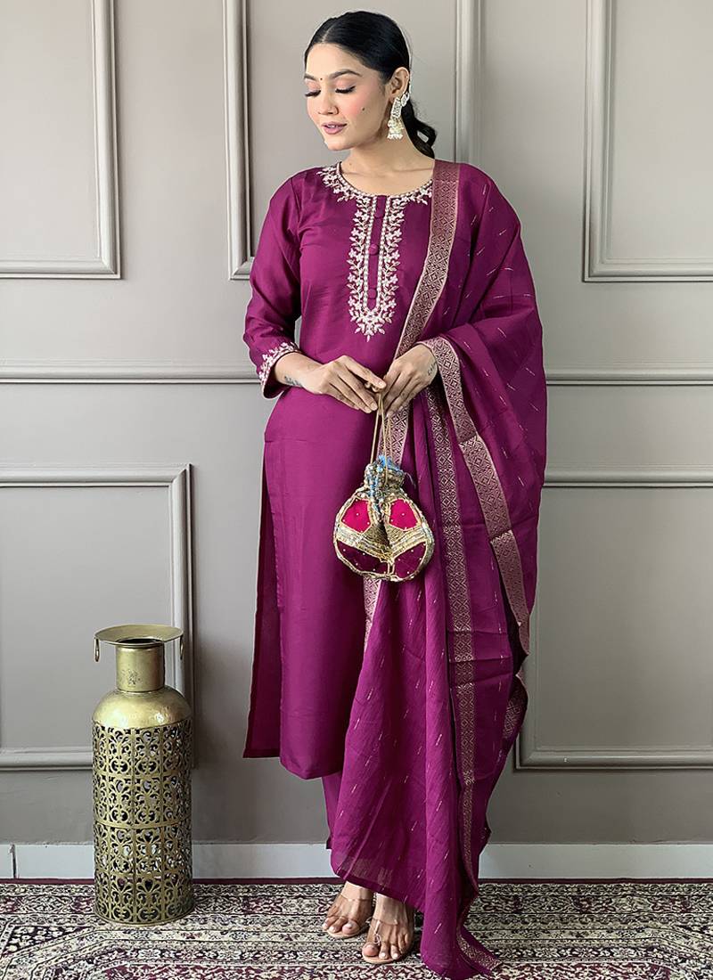 Purple color viscose chanderi ethnic suit for festival