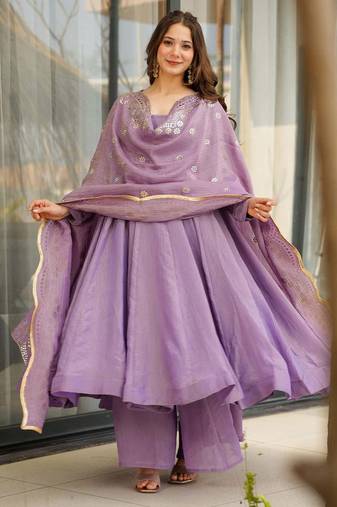 Designer party wear lavender color chinon gown with embroidery sequence work dupatta