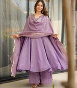 Designer party wear lavender color chinon gown with embroidery sequence work dupatta