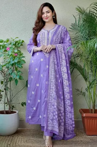 Lavneder color cotton pant style suit for festival