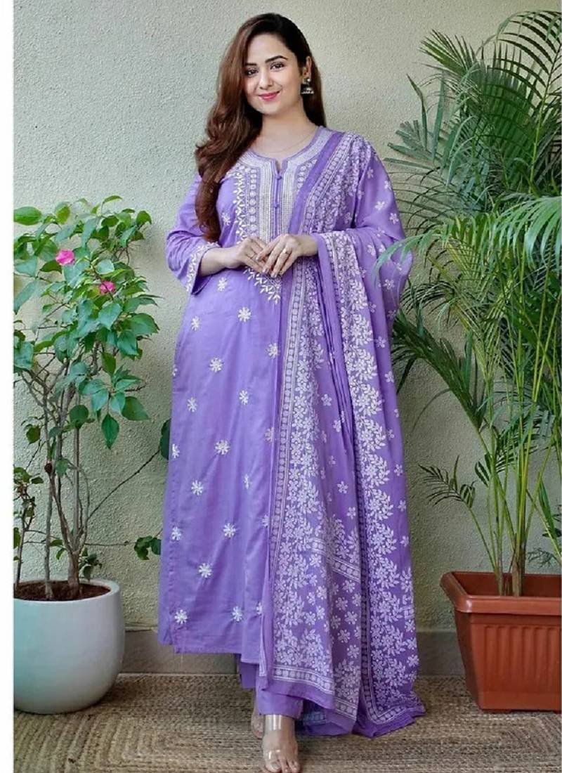 Lavneder color cotton pant style suit for festival