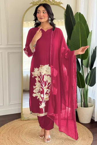 Rani pink floral printed viscose rayon kurta with trousers & dupatta