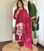 Rani pink floral printed viscose rayon kurta with trousers & dupatta