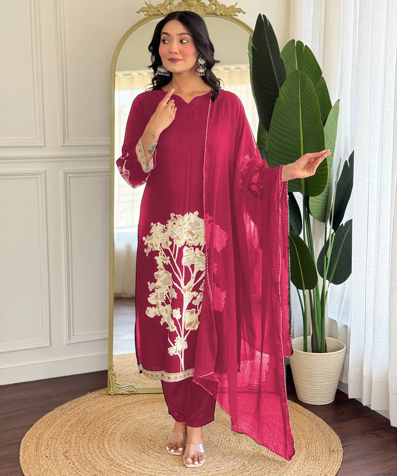 Rani pink floral printed viscose rayon kurta with trousers & dupatta