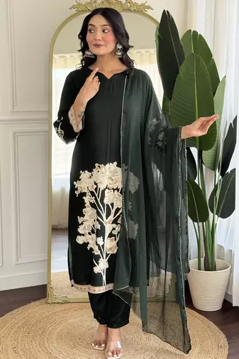 Dark green floral printed viscose rayon kurta with trousers & dupatta
